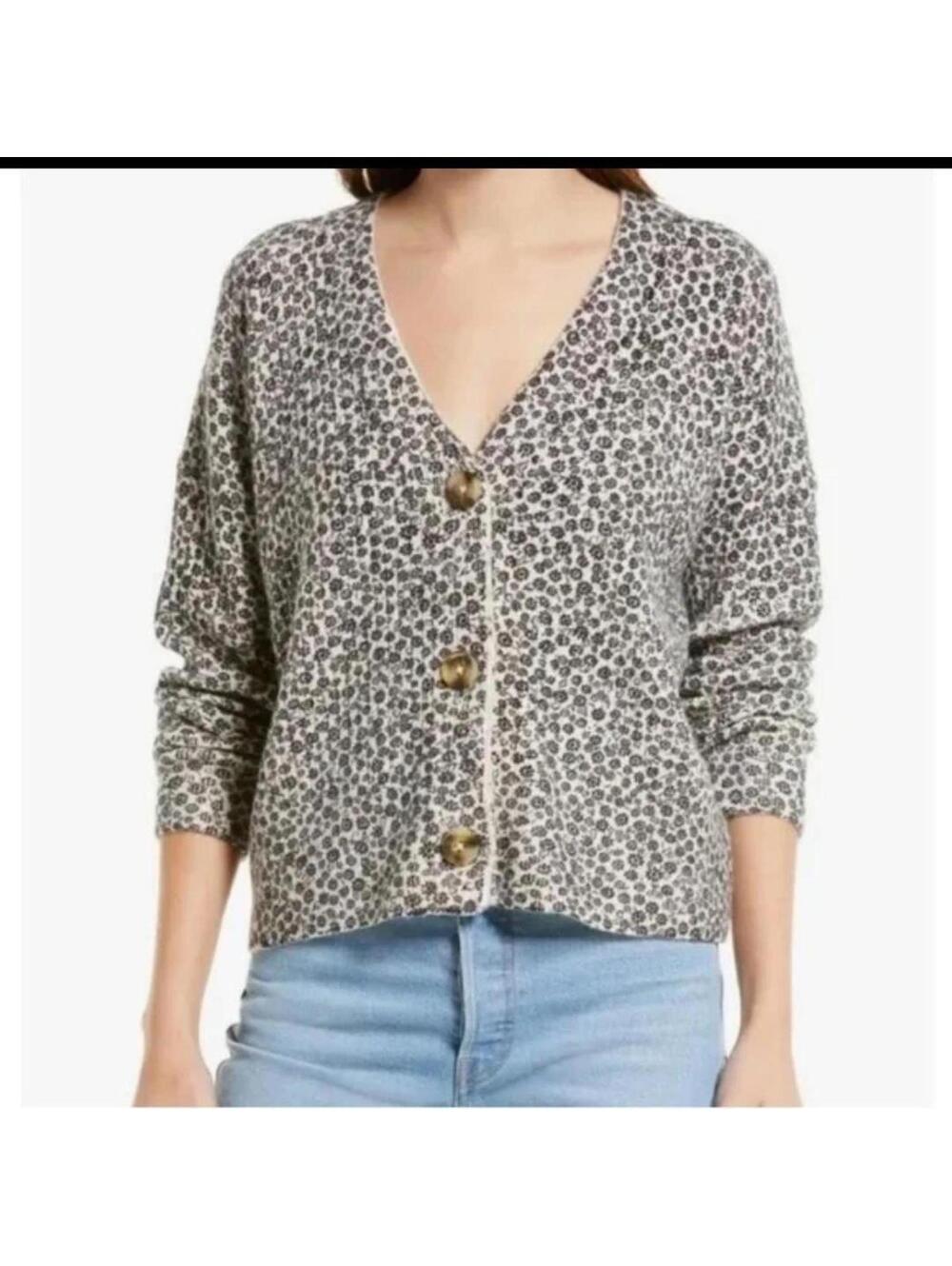Madewell Floral Button Front Cardigan Sweater Medium Grey Black Alpaca Blend